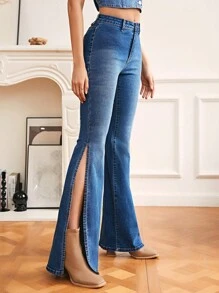 SHEIN Frenchy 高衩牛仔喇叭褲不附腰帶 - 中等水洗藍 - 查看 1