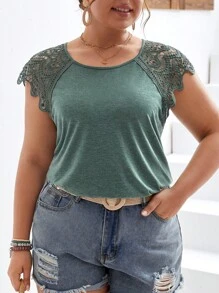 SHEIN Frenchy 大碼拼接水溶蕾絲插肩袖T恤 - 綠色 - 查看 4