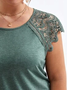 SHEIN Frenchy 大碼拼接水溶蕾絲插肩袖T恤 - 綠色 - 查看 6
