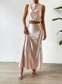 Chiquease Solid Satin Draped Front Blouse & Skirt - Apricot - View 6