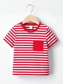 SHEIN Chàng trai trẻ In sọc Vá Túi Áo thun - Đỏ và trắng - Xem 1