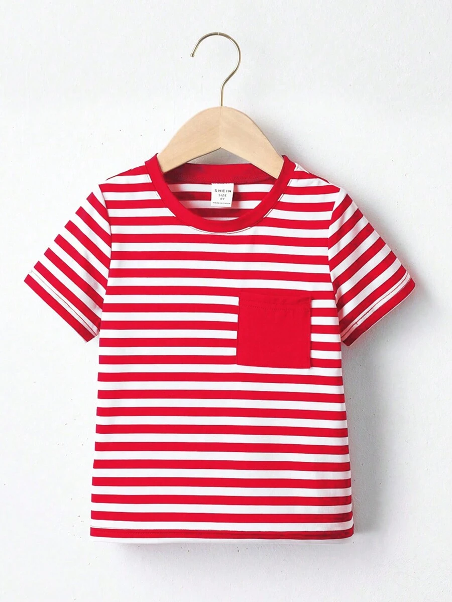 SHEIN Chàng trai trẻ In sọc Vá Túi Áo thun - Đỏ và trắng - Xem 1