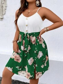 SHEIN Holidaya Đầm Plus Size Thắt lưng Chia Nút phía trước Khối Màu Hoa Boho - Nhiều màu - Xem 3