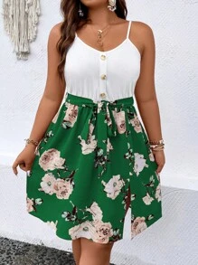 SHEIN Holidaya Đầm Plus Size Thắt lưng Chia Nút phía trước Khối Màu Hoa Boho - Nhiều màu - Xem 7