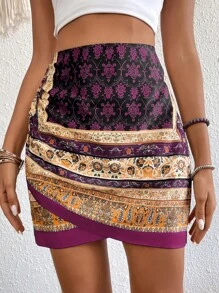 Grefit SHEIN VCAY 佩斯利印花圍裹下擺半身裙 - 彩色 - 查看 1