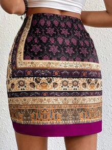 Grefit SHEIN VCAY 佩斯利印花圍裹下擺半身裙 - 彩色 - 查看 2