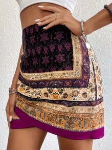 Grefit SHEIN VCAY 佩斯利印花圍裹下擺半身裙 - 彩色 - 查看 5