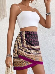 Grefit SHEIN VCAY 佩斯利印花圍裹下擺半身裙 - 彩色 - 查看 6