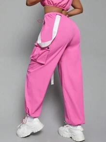 Slaydiva Túi có nắp Eo dây rút Quần Cargo - Hồng - Xem 3