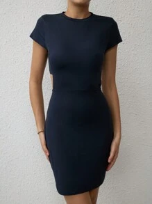 SHEIN Privé Đầm Lộ Lưng Cắt ra màu trơn Gợi cảm - Màu xanh hải quân - Xem 2