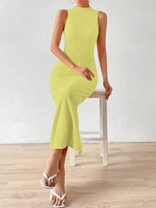 SHEIN Privé Solid Ribbed Knit Tank Dress - Yellow - View 1
