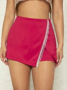 SHEIN BAE Quần đùi nữ Dây kéo ghép mộng kim sa mép màu trơn Buổi tiệc - Màu Hồng  Dưa hấu - Xem 1