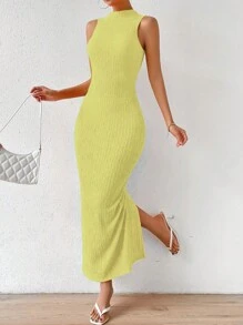 SHEIN Privé Solid Ribbed Knit Tank Dress - Yellow - View 6