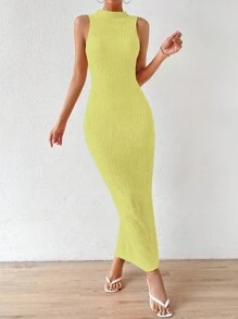 SHEIN Privé Solid Ribbed Knit Tank Dress - Yellow - View 7