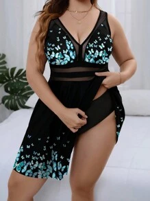 Swim Lushoire Summer Beach Plus Size Butterfly Print Contrast Mesh Swim Dress - Black - View 4