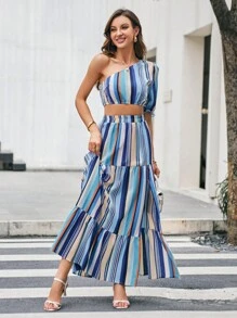 SHEIN Privé de rayas de un hombro de manga farol Top crop & bajo con fruncido Falda - Multicolor - Ver 2