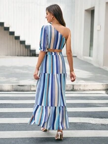 SHEIN Privé de rayas de un hombro de manga farol Top crop & bajo con fruncido Falda - Multicolor - Ver 3