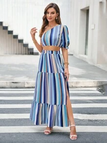 SHEIN Privé de rayas de un hombro de manga farol Top crop & bajo con fruncido Falda - Multicolor - Ver 5