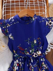 SHEIN 花卉印花扭紋飾褶邊百褶腰帶連身裙(適用於少女) - 藍色 - 查看 4