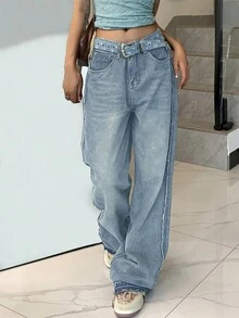 女士复古水洗直筒宽松休闲口袋裤 - 深色水洗藍 - 查看 3