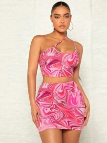 SHEIN BAE Bộ đồ hai mảnh nữ Bất đối xứng Đá hoa Gợi cảm - Màu Hồng Tươi - Xem 1