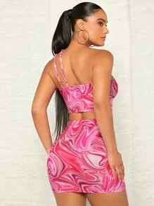 SHEIN BAE Bộ đồ hai mảnh nữ Bất đối xứng Đá hoa Gợi cảm - Màu Hồng Tươi - Xem 2