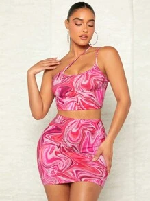 SHEIN BAE Bộ đồ hai mảnh nữ Bất đối xứng Đá hoa Gợi cảm - Màu Hồng Tươi - Xem 4