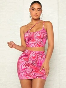 SHEIN BAE Bộ đồ hai mảnh nữ Bất đối xứng Đá hoa Gợi cảm - Màu Hồng Tươi - Xem 5