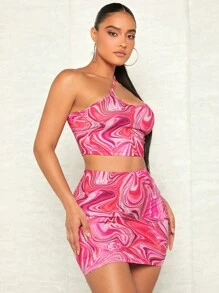 SHEIN BAE Bộ đồ hai mảnh nữ Bất đối xứng Đá hoa Gợi cảm - Màu Hồng Tươi - Xem 6