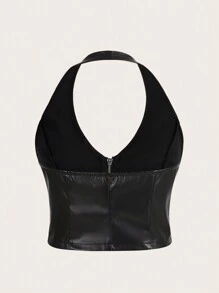 SHEIN ICON 大碼拉鏈開襟PU皮革掛脖上衣 - 黑色 - 查看 2