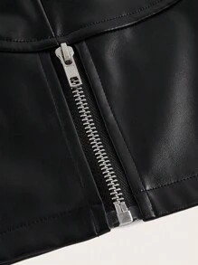 SHEIN ICON 大碼拉鏈開襟PU皮革掛脖上衣 - 黑色 - 查看 3