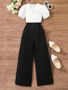 SHEIN 打氣袖青少女t恤與寬腿褲 - 黑與白 - 查看 1