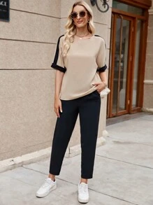 EMERY ROSE Contrast Trim Batwing Sleeve Tee & Trousers - Multicolor - View 1