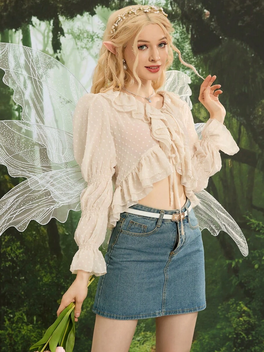 SHEIN MOD Áo sơ mi nữ Viên lá sen Thắt nơ trước Xù màu trơn Giải trí - Màu be - Xem 1