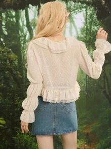 SHEIN MOD Áo sơ mi nữ Viên lá sen Thắt nơ trước Xù màu trơn Giải trí - Màu be - Xem 2