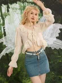 SHEIN MOD Áo sơ mi nữ Viên lá sen Thắt nơ trước Xù màu trơn Giải trí - Màu be - Xem 3