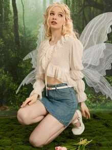 SHEIN MOD Áo sơ mi nữ Viên lá sen Thắt nơ trước Xù màu trơn Giải trí - Màu be - Xem 4