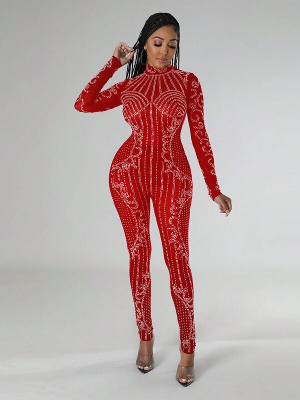 Rhinestone Striped Pattern Mock Neck Unitard Jumpsuit SHEIN USA