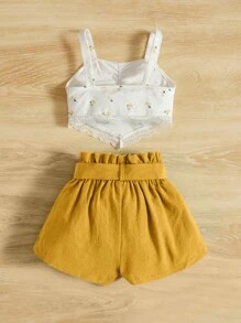 SHEIN 嬰兒碎花褶邊吊帶上衣和紙袋腰附腰帶短褲 - 芥末黃 - 查看 2