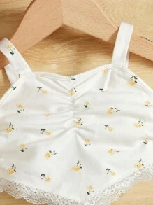 SHEIN 嬰兒碎花褶邊吊帶上衣和紙袋腰附腰帶短褲 - 芥末黃 - 查看 3