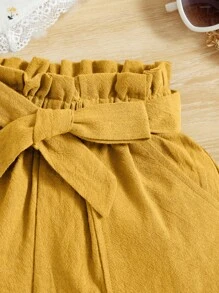 SHEIN 嬰兒碎花褶邊吊帶上衣和紙袋腰附腰帶短褲 - 芥末黃 - 查看 4