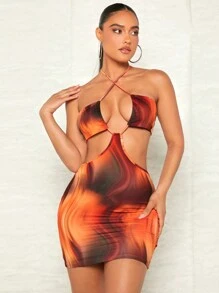 SHEIN BAE Đầm Lộ Lưng Cắt ra Buộc lại Hội Chữ thập Cà vạt nhuộm Gợi cảm - Nhiều màu - Xem 1