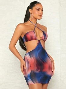 SHEIN BAE 紮染十字交叉後背繫帶吊脖緊身洋裝 - 彩色 - 查看 6