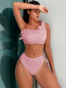 SHEIN 荷葉邊單肩比基尼泳裝 - 粉色 - 查看 1