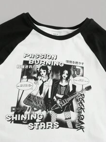 SHEIN 青少年女孩人物和字母圖案插肩袖T恤 - 黑與白 - 查看 4
