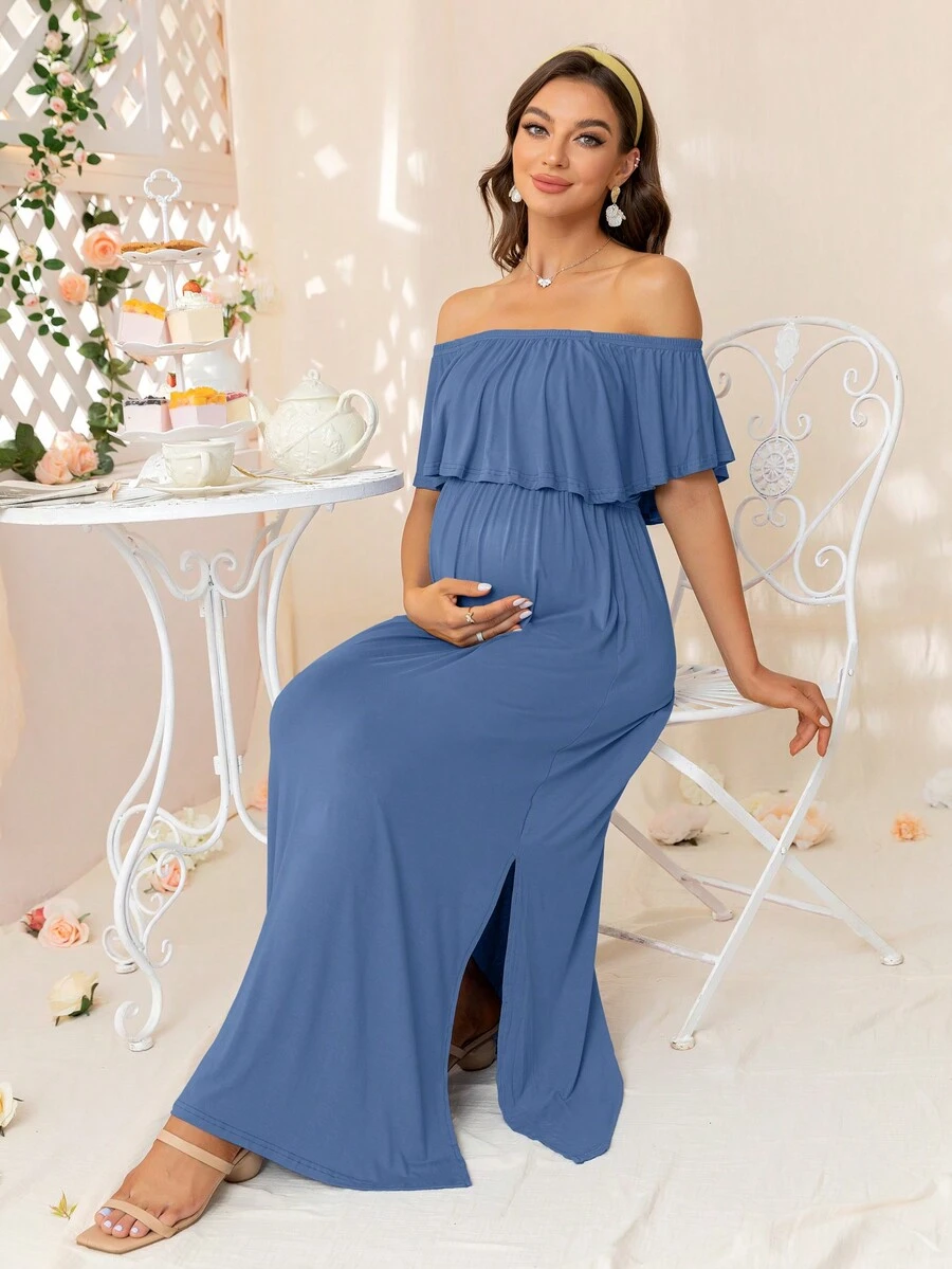 DEARCASE Thai sản Off Shoulder Viền Ruffle Đầm - Màu xanh bụi bặm - Xem 1