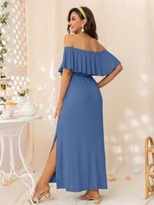 DEARCASE Thai sản Off Shoulder Viền Ruffle Đầm - Màu xanh bụi bặm - Xem 2