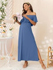 DEARCASE Thai sản Off Shoulder Viền Ruffle Đầm - Màu xanh bụi bặm - Xem 3