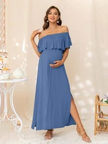 DEARCASE Thai sản Off Shoulder Viền Ruffle Đầm - Màu xanh bụi bặm - Xem 4