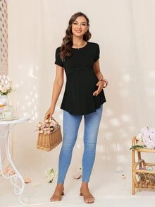 DEARCASE 孕婦素色荷葉邊下擺T恤 - 黑色 - 查看 3